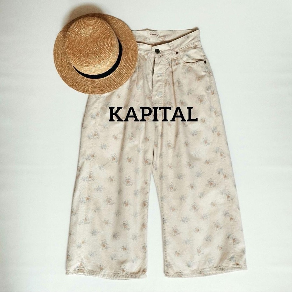 Kapital Flower Baggy Jeans White Long Cinch Back Ankle Cropped